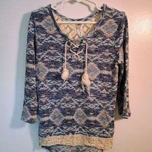 Beautees Blue and Cream Patterned Lace-Up Sweatshirt